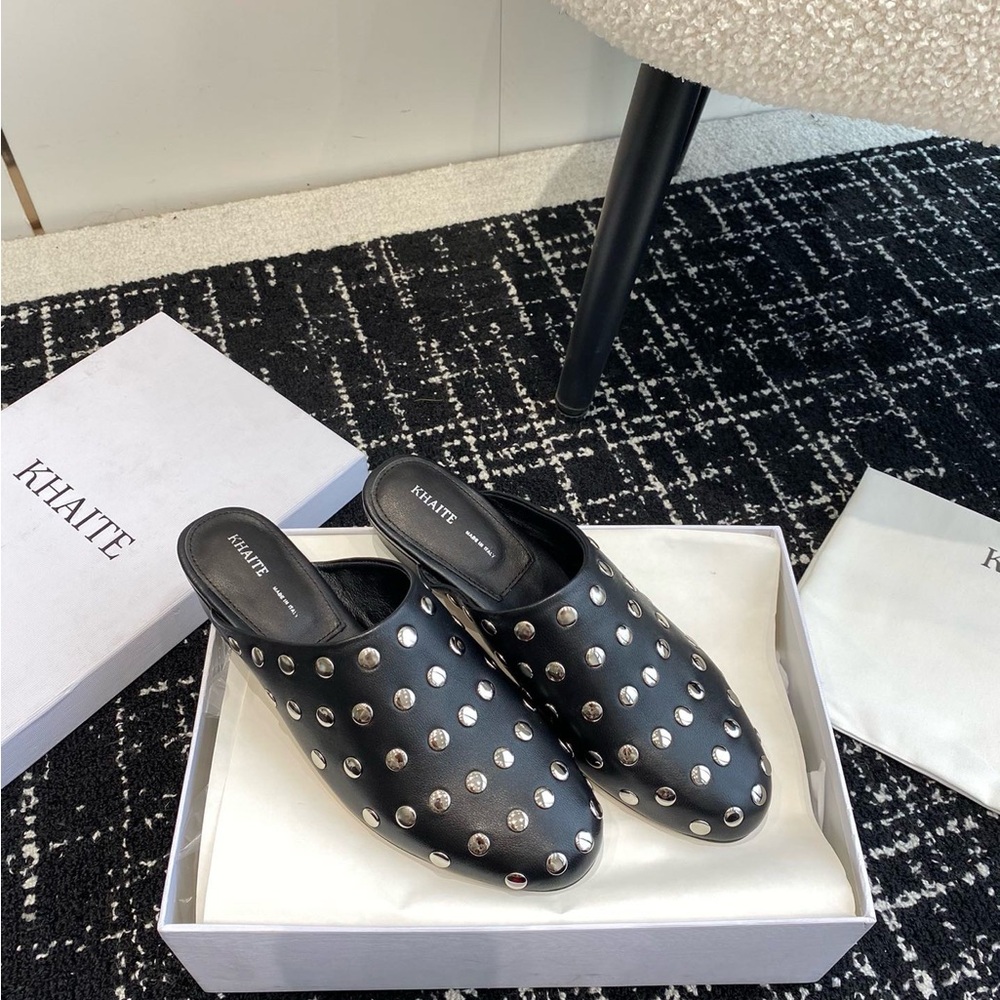 KHAITE Black Leather Studded Slip-On Mules - Picture 4 of 8
